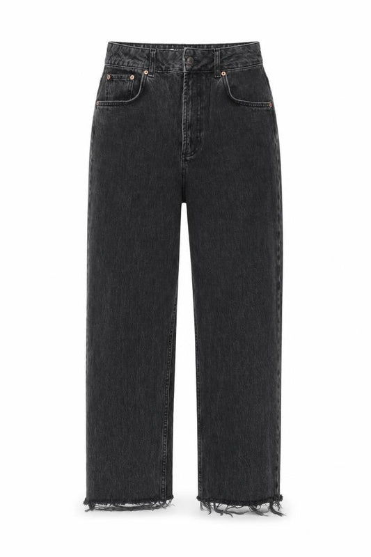 Front view of ASOS women’s black cotton wide-leg jeans, size UK 30, in, 32-inch leg regular zip