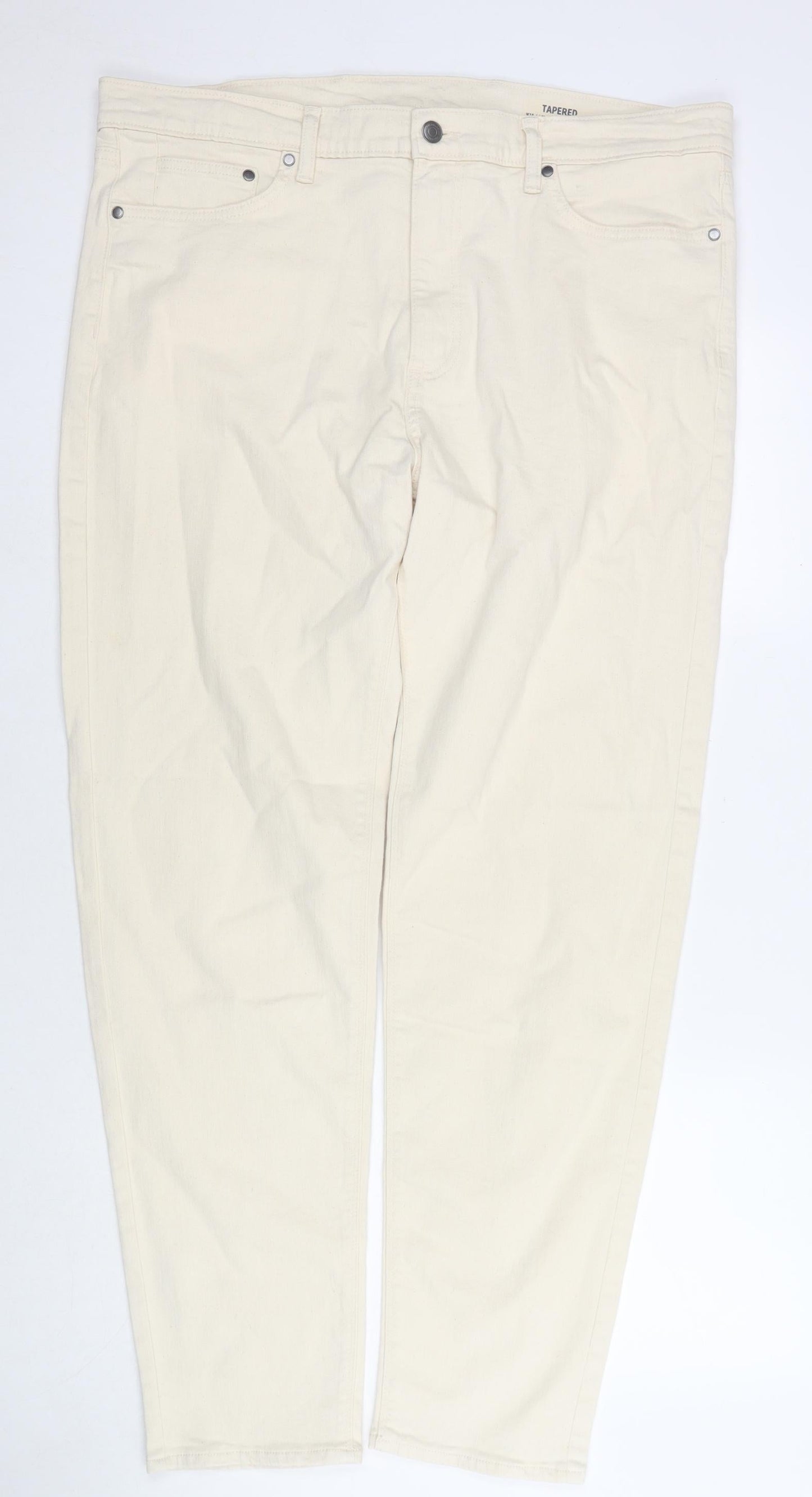 Marks and Spencer Mens Beige Cotton Tapered Jeans Size 38 in L33 in Regular Zip