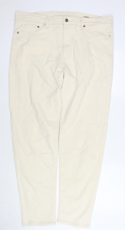 Marks and Spencer Mens Beige Cotton Tapered Jeans Size 38 in L33 in Regular Zip