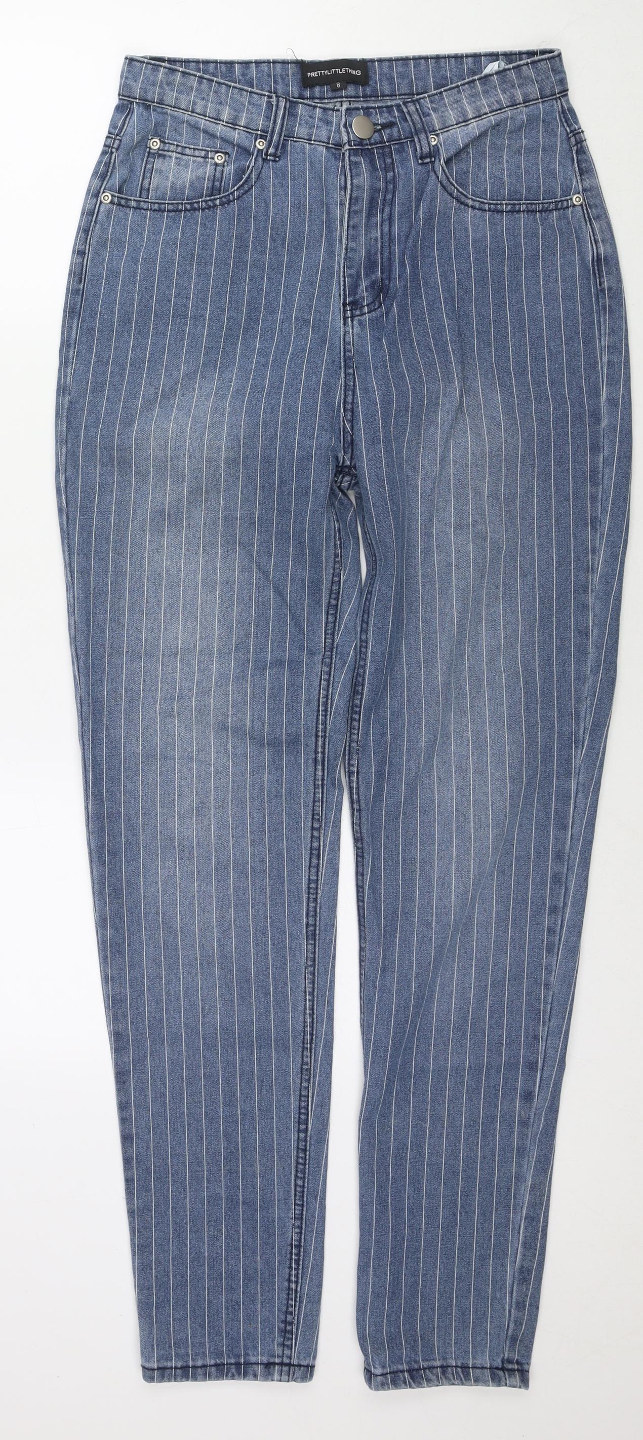 PRETTYLITTLETHING Womens Blue Striped Cotton Straight Jeans Size 8 L30 in Regular Zip