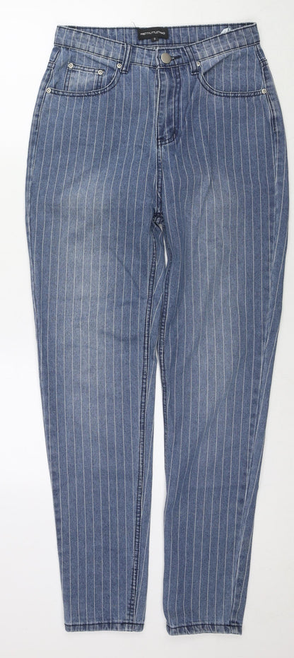 PRETTYLITTLETHING Womens Blue Striped Cotton Straight Jeans Size 8 L30 in Regular Zip