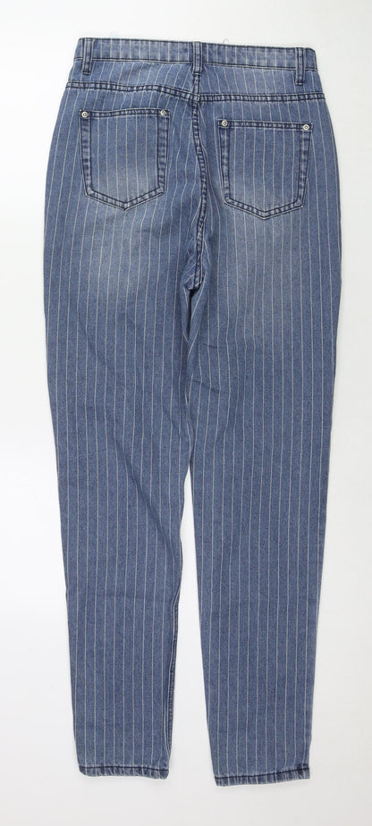 PRETTYLITTLETHING Womens Blue Striped Cotton Straight Jeans Size 8 L30 in Regular Zip
