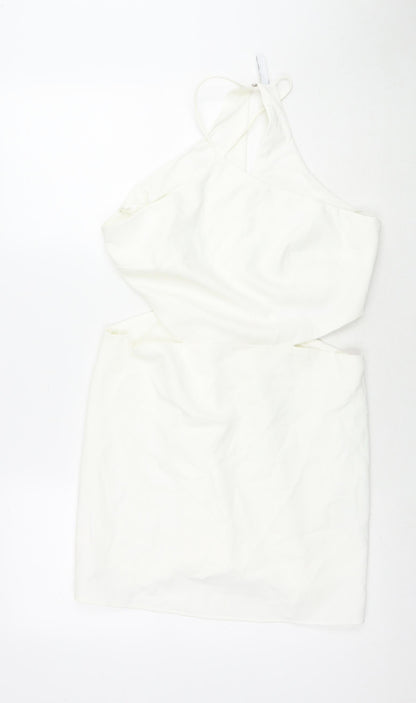 Stradivarius Womens White Polyester Mini Size L Round Neck Zip - Cut Out Detail