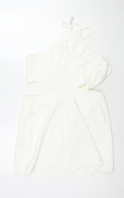 Stradivarius Womens White Polyester Mini Size L Round Neck Zip - Cut Out Detail