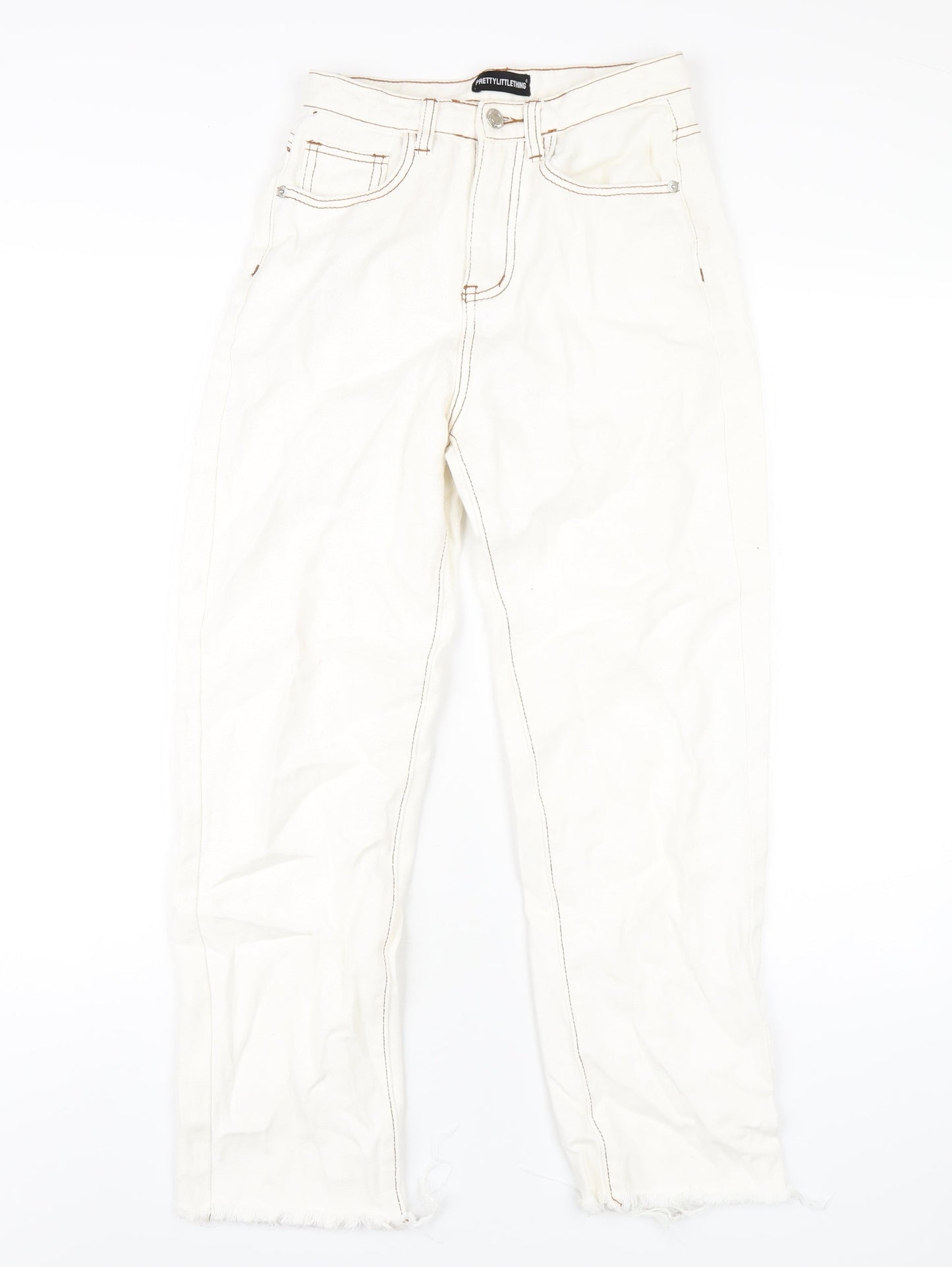 PRETTYLITTLETHING Womens Ivory Cotton Straight Jeans Size 4 L28 in Regular Zip