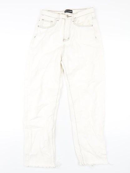 PRETTYLITTLETHING Womens Ivory Cotton Straight Jeans Size 4 L28 in Regular Zip