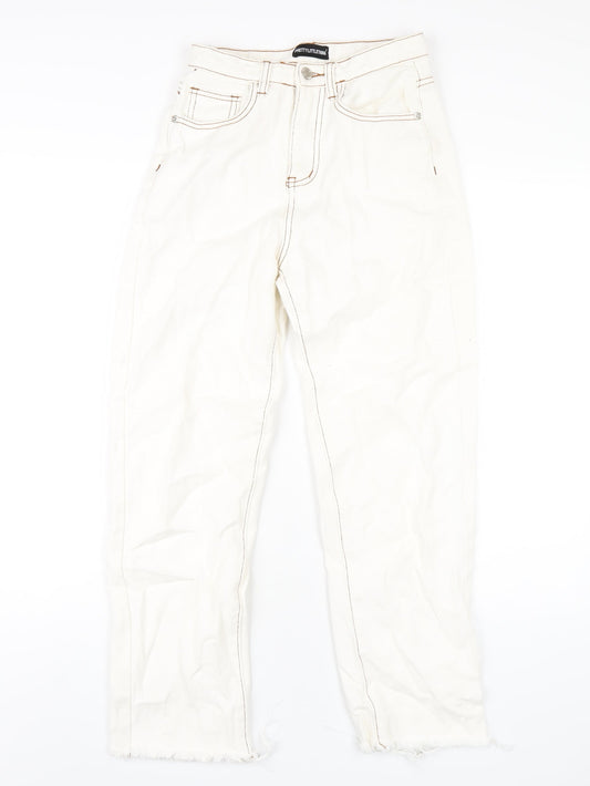 PRETTYLITTLETHING Womens Ivory Cotton Straight Jeans Size 4 L28 in Regular Zip