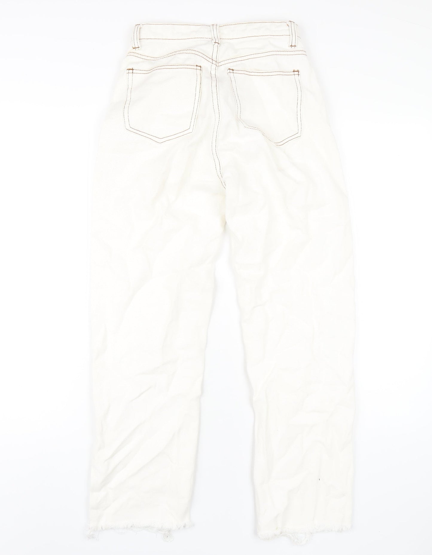 PRETTYLITTLETHING Womens Ivory Cotton Straight Jeans Size 4 L28 in Regular Zip