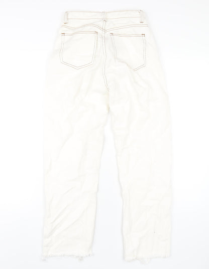 PRETTYLITTLETHING Womens Ivory Cotton Straight Jeans Size 4 L28 in Regular Zip
