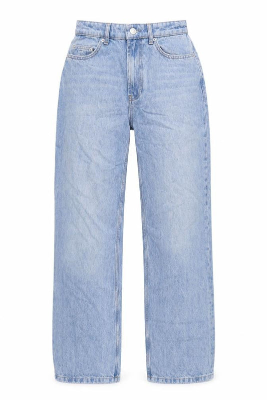 Front view of ASOS women’s blue cotton straight jeans, size UK 26, in, 32-inch leg regular zip