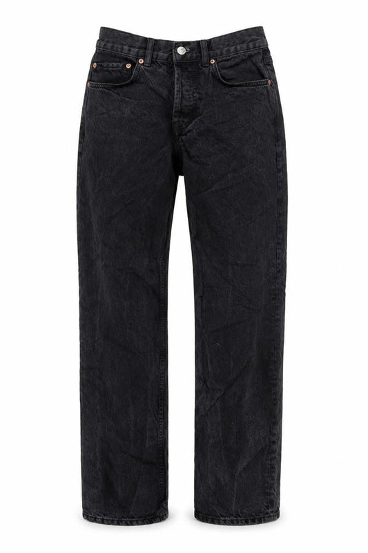 Front view of ASOS women’s black cotton straight jeans, size UK 28, in, 32-inch leg regular button