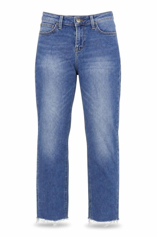 Front view of Lee Cooper women’s blue cotton straight jeans, size UK 26, in, 33-inch leg regular zip