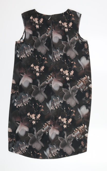 NEXT Womens Black Floral Polyester A-Line Size 12 Round Neck Zip