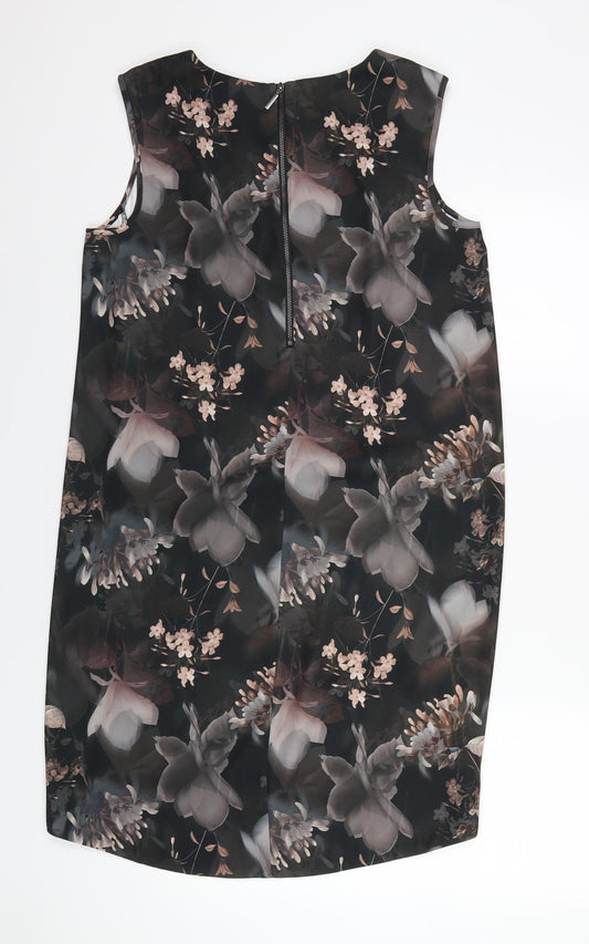 NEXT Womens Black Floral Polyester A-Line Size 12 Round Neck Zip