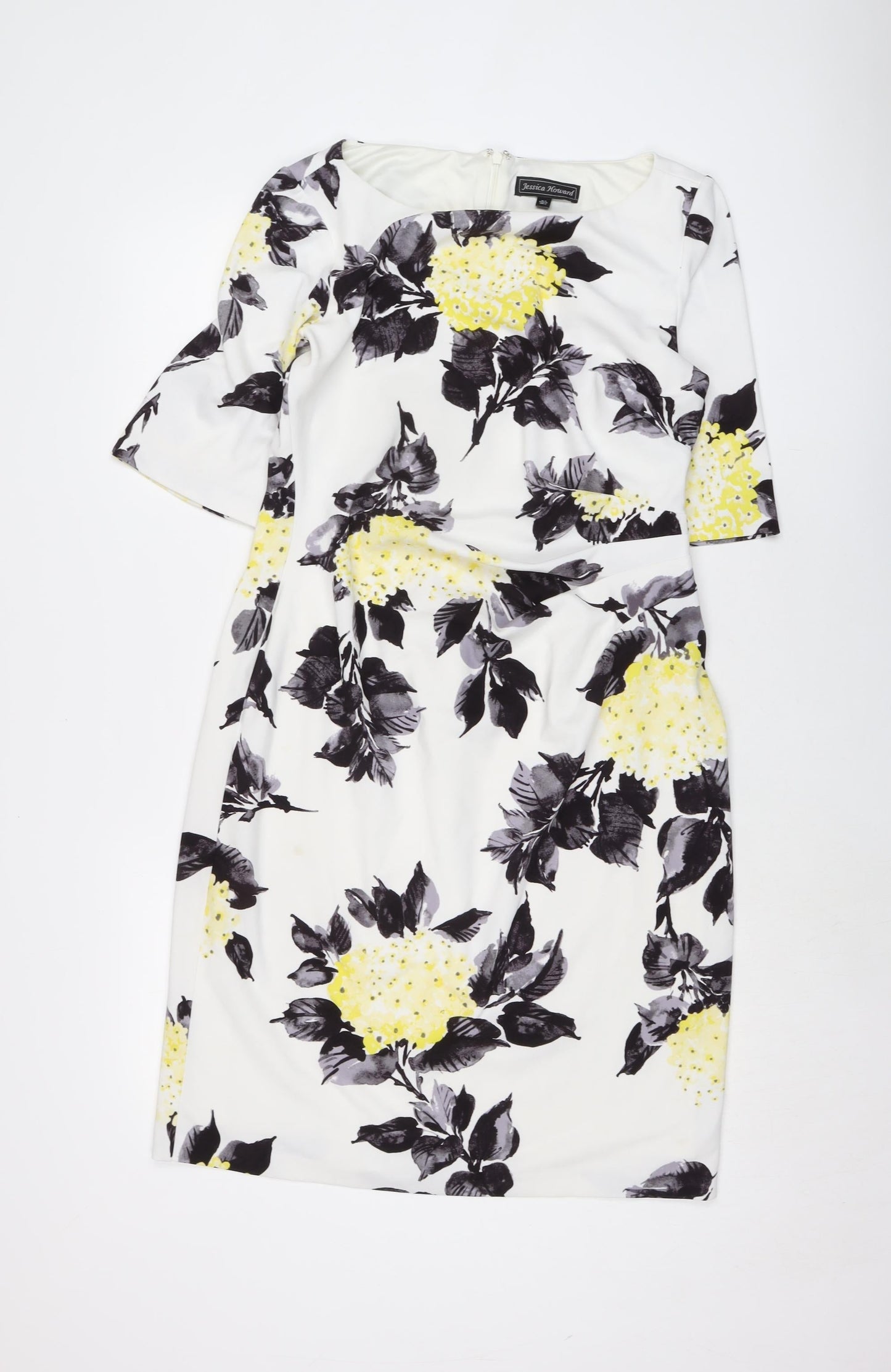 Jessica Howard Womens White Floral Polyester Pencil Dress Size 16 Round Neck Zip