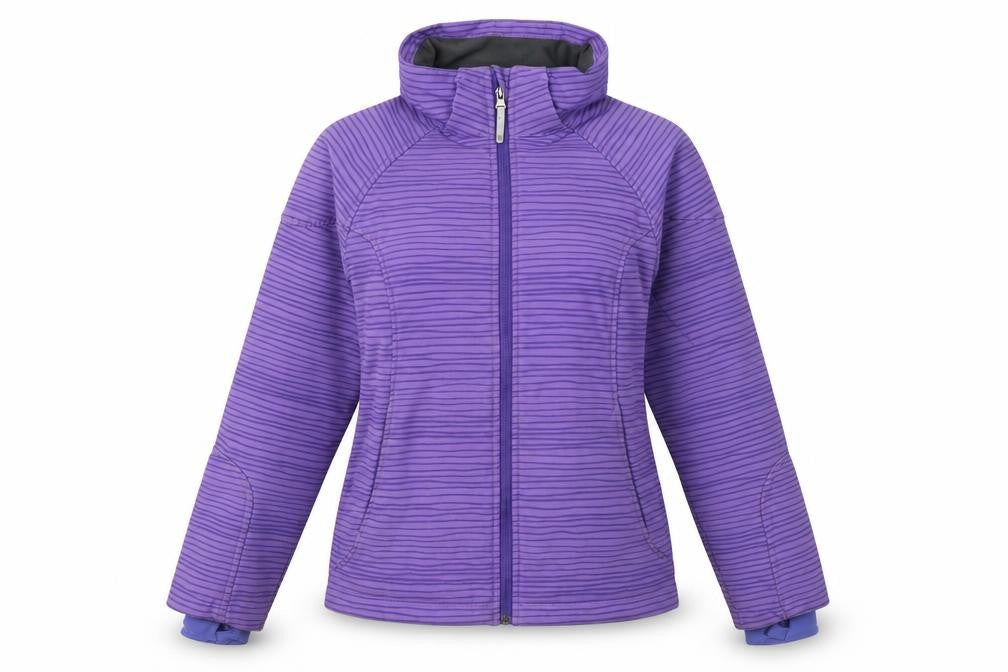 Front view of H&M girls’ purple striped jacket, size 14, years zip