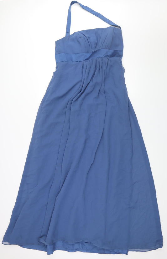 Alfred Angelo Womens Blue Polyester Ball Gown Size 14 Halter Zip - Belt Detail Rouched