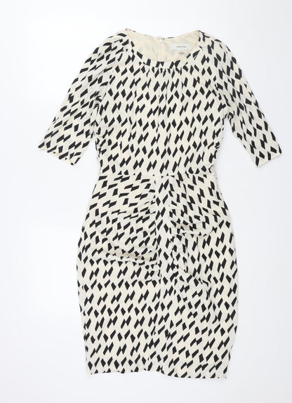 Country Road Womens Ivory Geometric Polyester Pencil Dress Size 6 Round Neck Zip - Vented Rouched