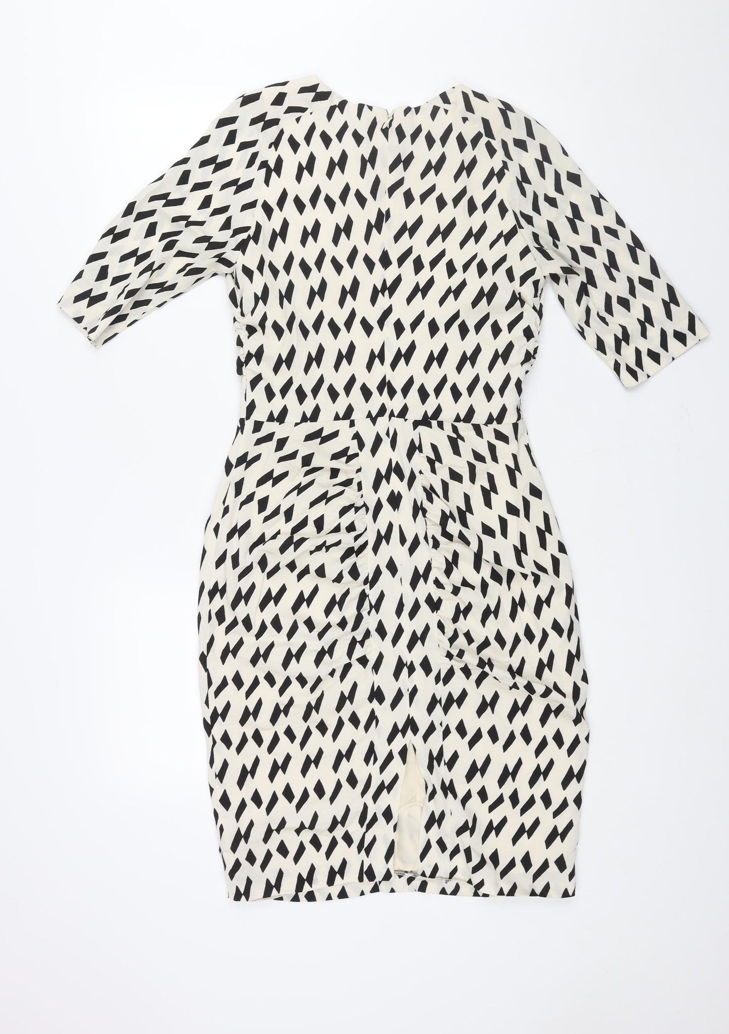 Country Road Womens Ivory Geometric Polyester Pencil Dress Size 6 Round Neck Zip - Vented Rouched
