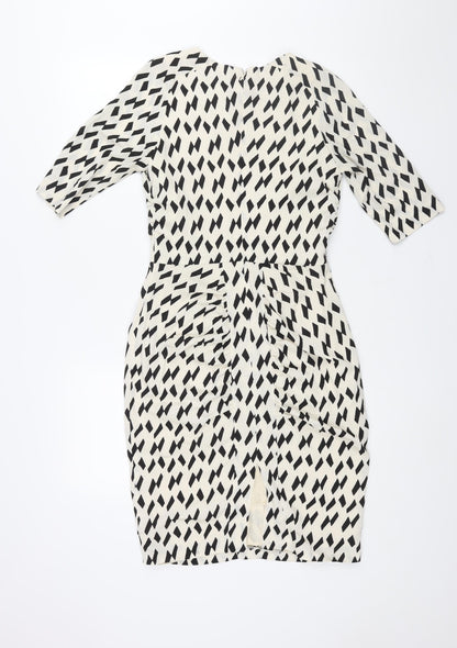 Country Road Womens Ivory Geometric Polyester Pencil Dress Size 6 Round Neck Zip - Vented Rouched