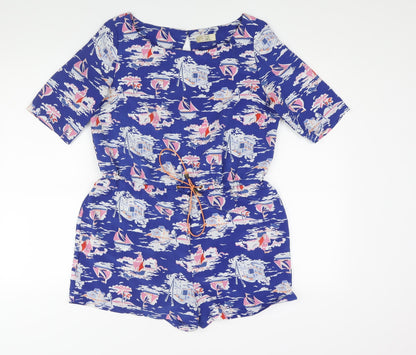Love Label Womens Blue Geometric Polyester Playsuit One-Piece Size 10 L3 in Button - Boat Print Drawstring Waist