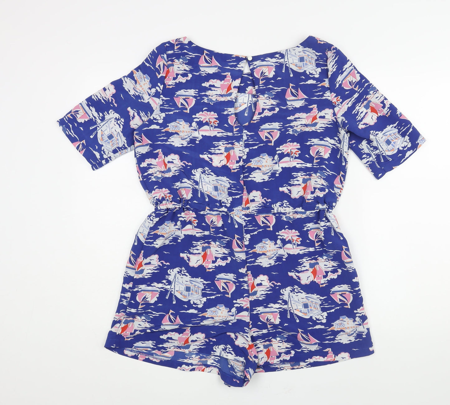 Love Label Womens Blue Geometric Polyester Playsuit One-Piece Size 10 L3 in Button - Boat Print Drawstring Waist