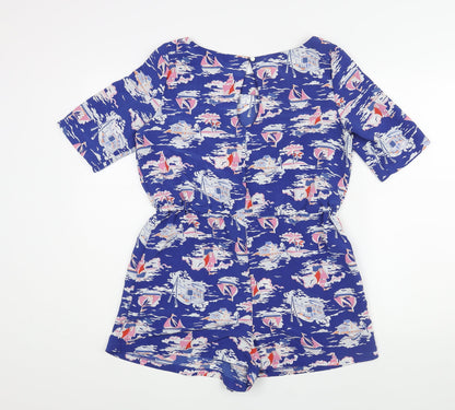 Love Label Womens Blue Geometric Polyester Playsuit One-Piece Size 10 L3 in Button - Boat Print Drawstring Waist