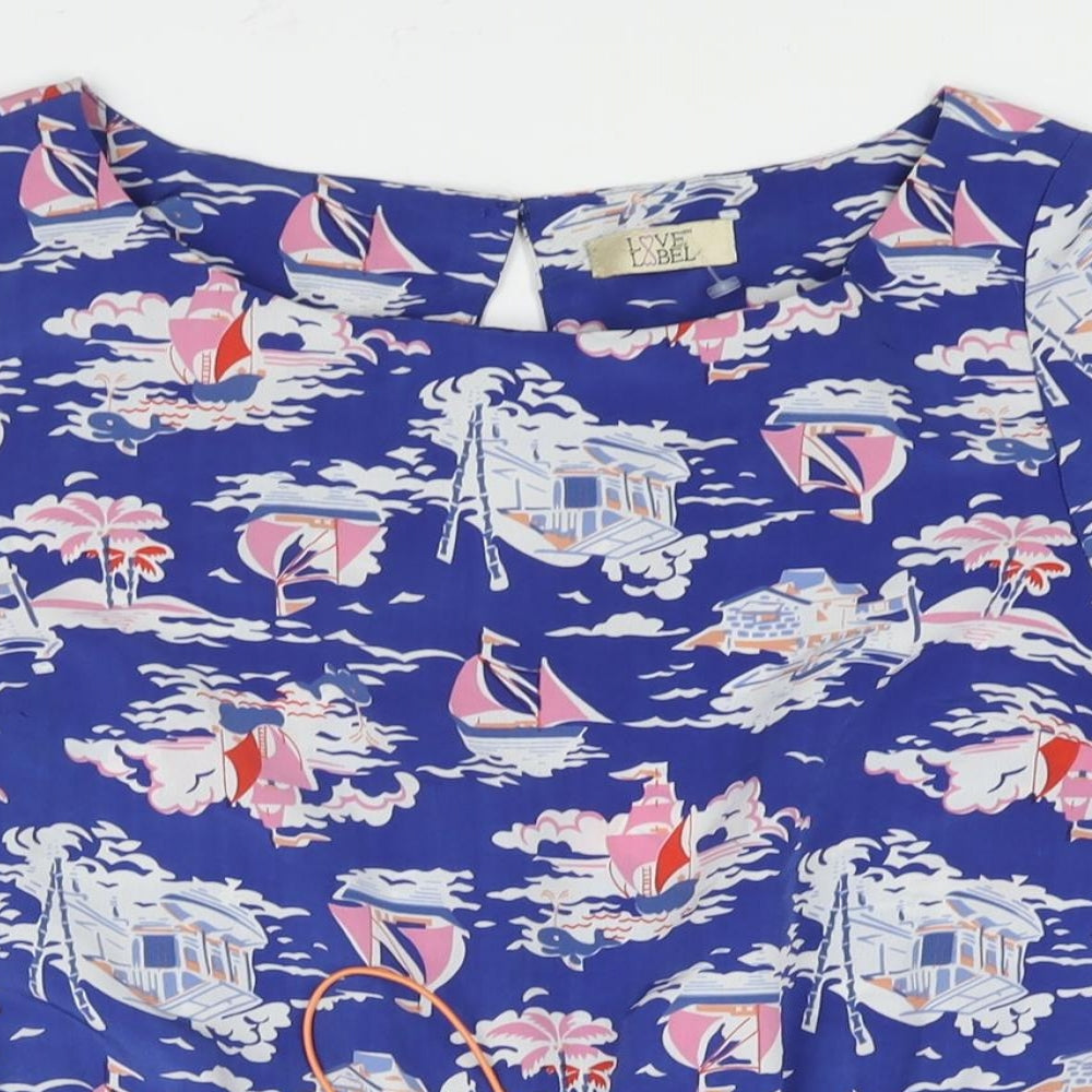 Love Label Womens Blue Geometric Polyester Playsuit One-Piece Size 10 L3 in Button - Boat Print Drawstring Waist