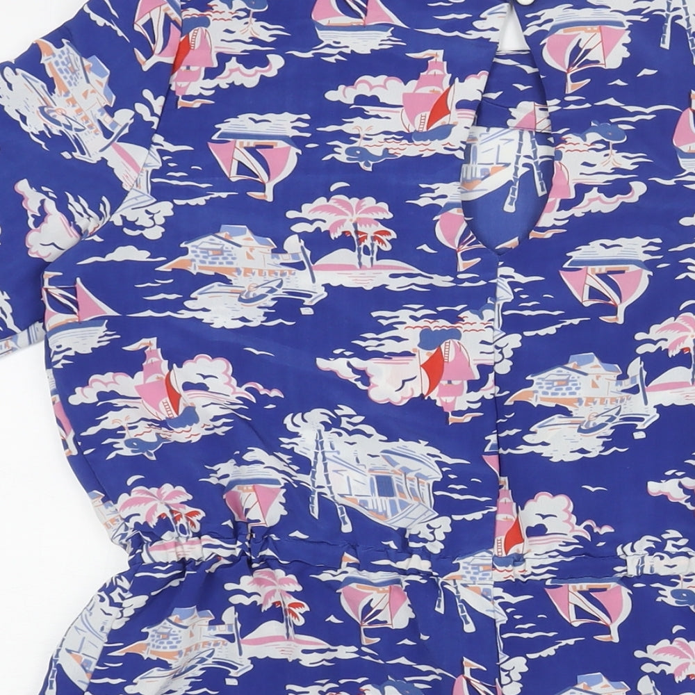 Love Label Womens Blue Geometric Polyester Playsuit One-Piece Size 10 L3 in Button - Boat Print Drawstring Waist