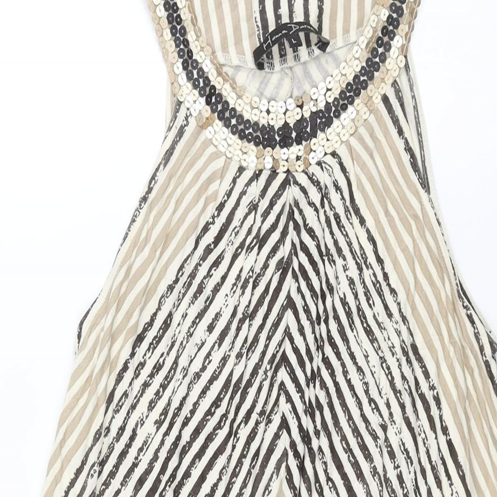 Hanna Darsa Womens Beige Striped Viscose A-Line Size L Round Neck Pullover - Sequin Collar