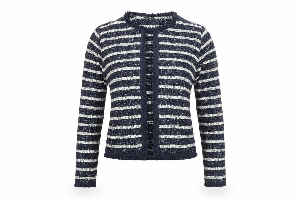 Front view of Miss Selfridge women’s blue v-neck striped cotton cardigan jumper, size UK 10, - raw edge