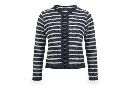 Front view of Miss Selfridge women’s blue v-neck striped cotton cardigan jumper, size UK 10, - raw edge