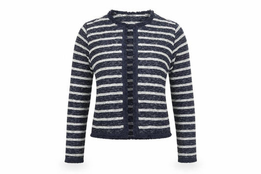 Front view of Miss Selfridge women’s blue v-neck striped cotton cardigan jumper, size UK 10, - raw edge