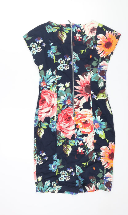 COTTON CLUB Womens Multicoloured Floral Cotton Pencil Dress Size 12 Round Neck Zip