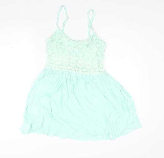 Topshop Womens Green Viscose A-Line Size 12 Scoop Neck Hook & Eye - Lace Bodice