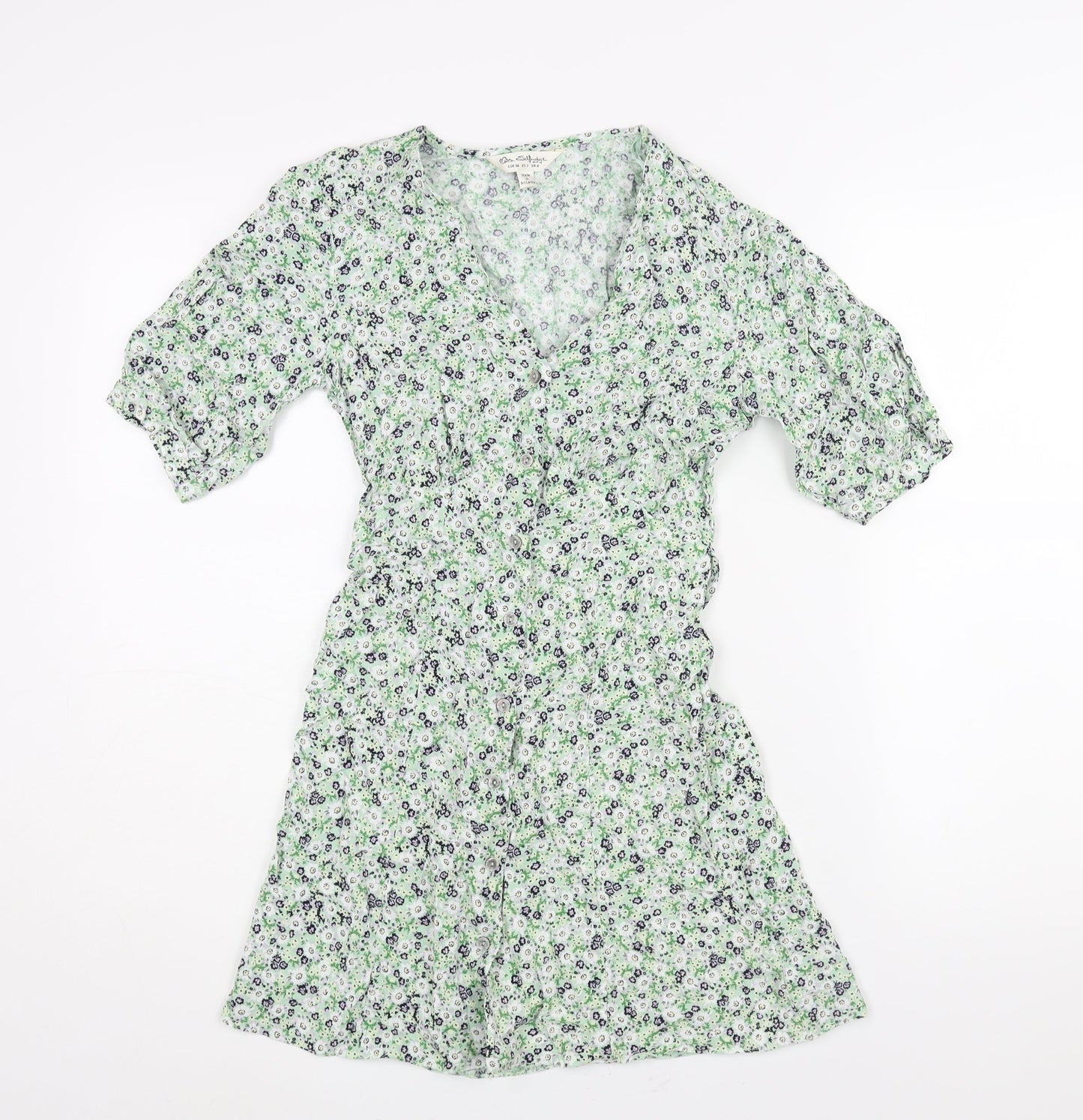 Miss Selfridge Womens Green Floral Viscose Mini Size 6 V-Neck Button - Belted