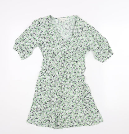 Miss Selfridge Womens Green Floral Viscose Mini Size 6 V-Neck Button - Belted