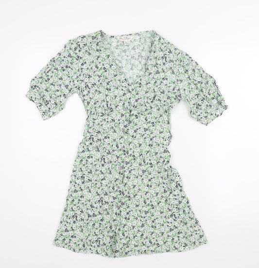 Miss Selfridge Womens Green Floral Viscose Mini Size 6 V-Neck Button - Belted