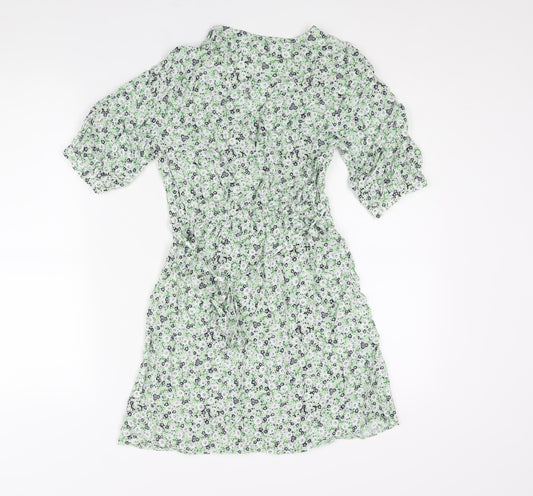 Miss Selfridge Womens Green Floral Viscose Mini Size 6 V-Neck Button - Belted