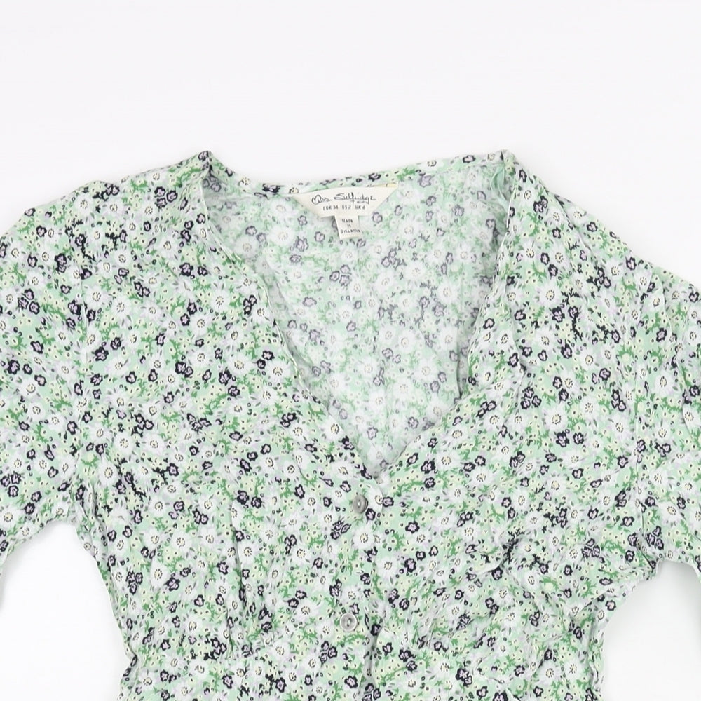 Miss Selfridge Womens Green Floral Viscose Mini Size 6 V-Neck Button - Belted