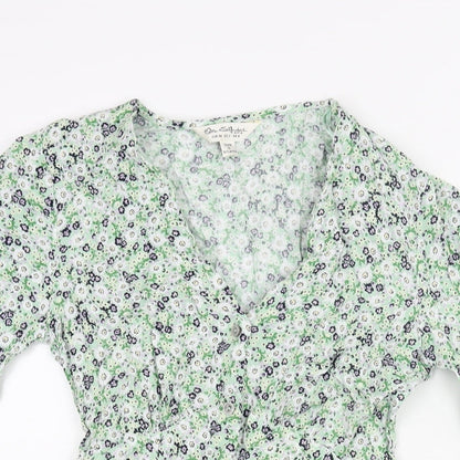 Miss Selfridge Womens Green Floral Viscose Mini Size 6 V-Neck Button - Belted