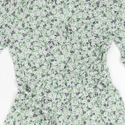 Miss Selfridge Womens Green Floral Viscose Mini Size 6 V-Neck Button - Belted