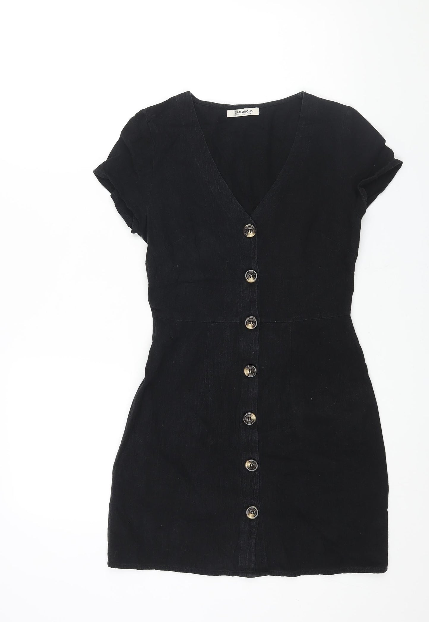 Glamorous Womens Black Cotton Mini Size 8 V-Neck Button