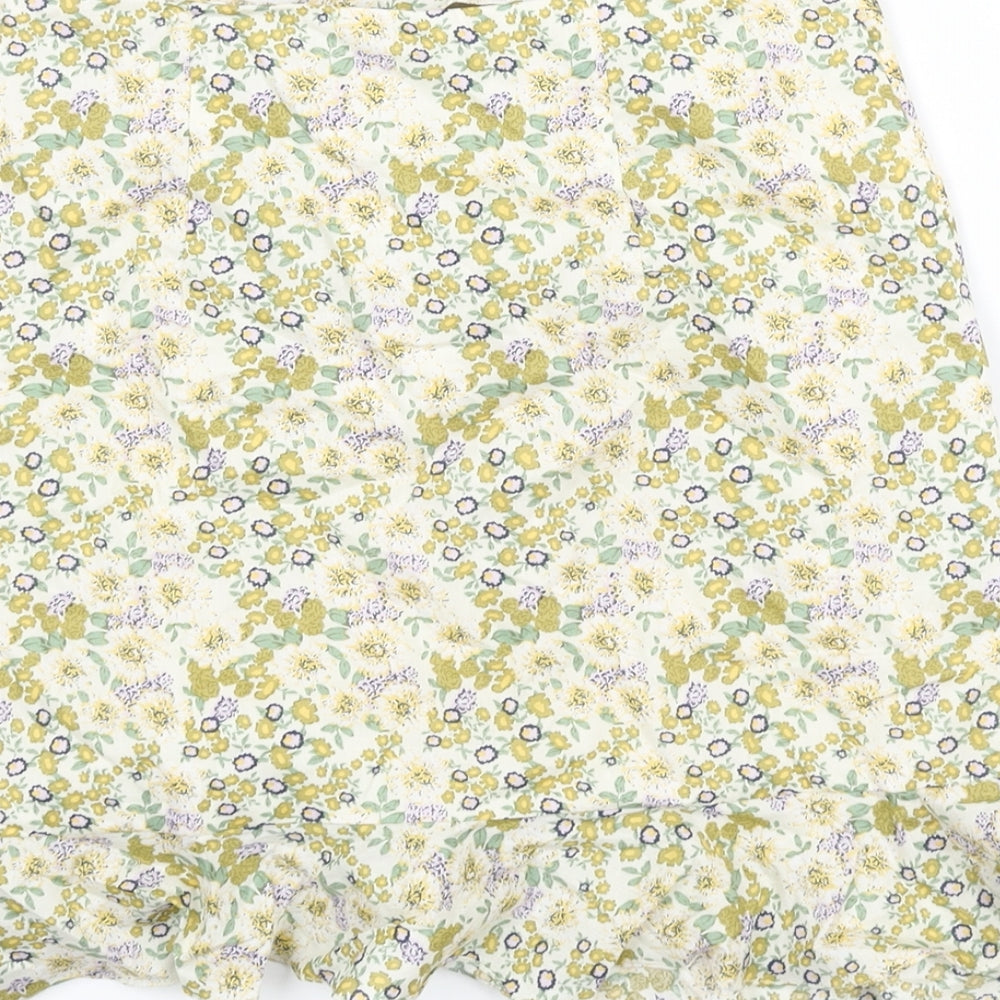 Boohoo Womens Multicoloured Floral Cotton Mini Skirt Size 6 Zip - Drawstring Rouched Frill