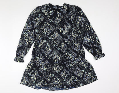Marks and Spencer Womens Blue Geometric Polyester Shift Size 10 Round Neck Button - Floral Diamon Print Smocked