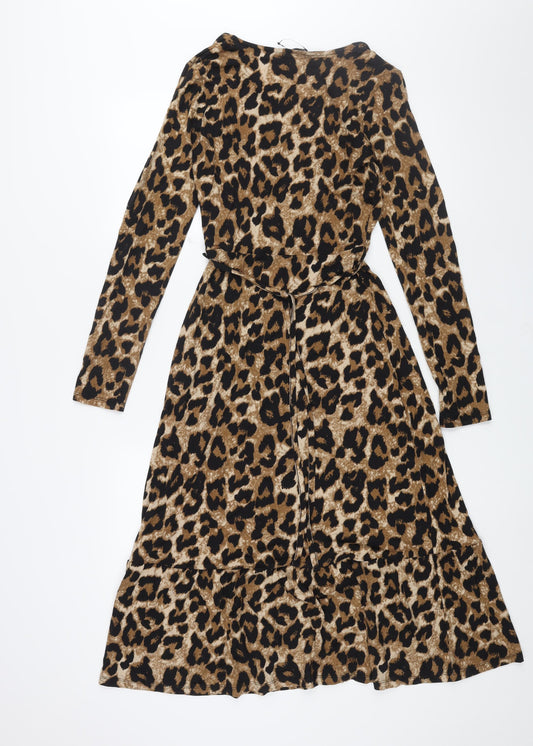 Marks and Spencer Womens Brown Animal Print Viscose A-Line Size 6 V-Neck Pullover - Belted Leopard Print