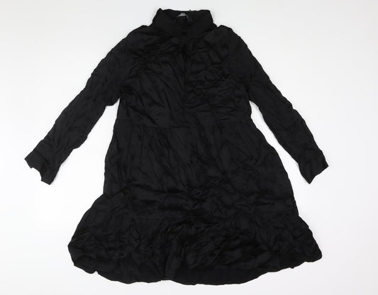 Zara Womens Black Polyester A-Line Size XS Collared Button - Smocked