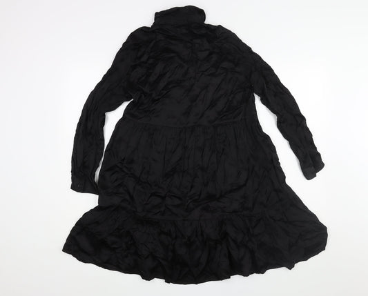 Zara Womens Black Polyester A-Line Size XS Collared Button - Smocked