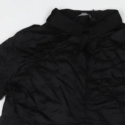 Zara Womens Black Polyester A-Line Size XS Collared Button - Smocked