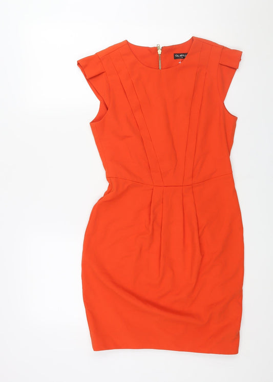 Miss Selfridge Womens Orange Polyester Shift Size 10 Round Neck Zip - Pleat Detail